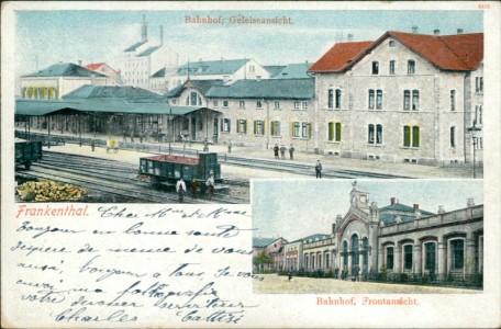 Alte Ansichtskarte Frankenthal (Pfalz), Bahnhof, Gleisansicht, Frontansicht