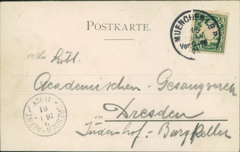 Adressseite der Ansichtskarte Studentika, Akadem. Architekten Verein München