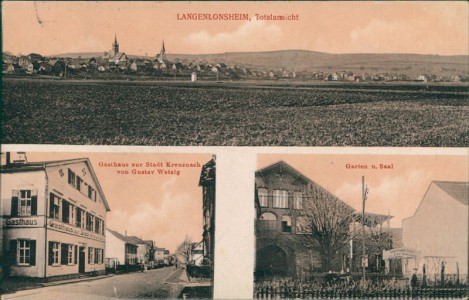Alte Ansichtskarte Langenlonsheim, Totalansicht, Gasthaus zur Stadt Kreuznach von Gustav Wetzig, Garten u. Saal