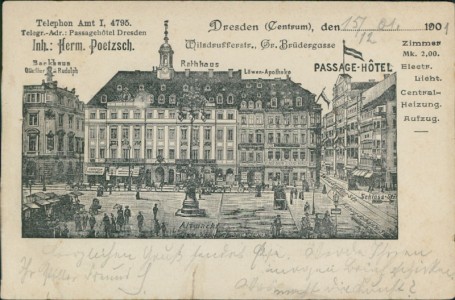 Alte Ansichtskarte Dresden, Passage-Hotel, Inh.: Herm. Poetzsch. Bankhaus Günther & Rudolph, Rathaus, Löwen-Apotheke, Altmarkt (EINRISSE!)