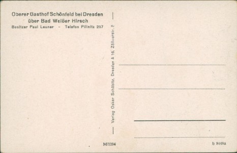 Adressseite der Ansichtskarte Dresden-Schönfeld, Oberer Gasthof, Gastzimmer, Saal, Schloß Schönfeld