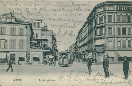 Alte Ansichtskarte Mainz, Ludwigstrasse mit Straßenbahn