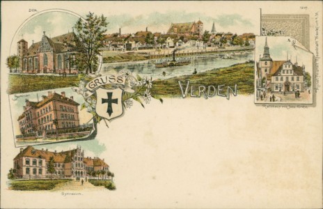 Alte Ansichtskarte Verden (Aller), Dom, Gesamtansicht, Rathaus mit Jobs-Kirche, Seminar, Gymnasium