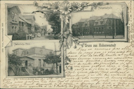 Alte Ansichtskarte Hohenwestedt, Höpenstrasse, Bürgerschule, Bahnhofs-Hotel (EINRISS AM LINKEN RAND)