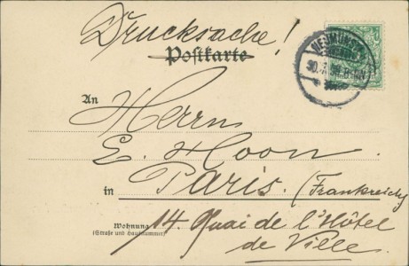 Adressseite der Ansichtskarte Neumünster, Cantine des 1. Bataillons des Infanterie-Regts. No. 163, Pächter Niehoff