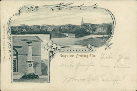 Alte Ansichtskarte Freiburg (Elbe), Gesamtansicht, Denkmal