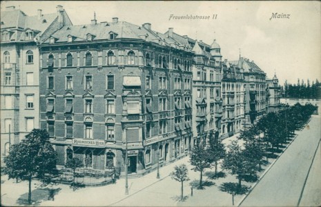 Alte Ansichtskarte Mainz, Frauenlobstrasse mit Gasthaus "Zum Rheinthal", Rheinisches Bier