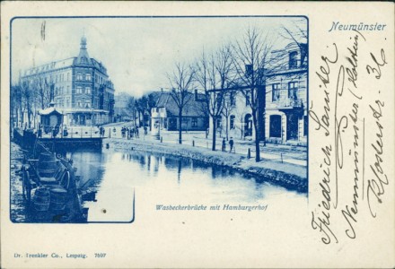 Alte Ansichtskarte Neumünster, Wasbeckerbrücke mit Hamburgerhof