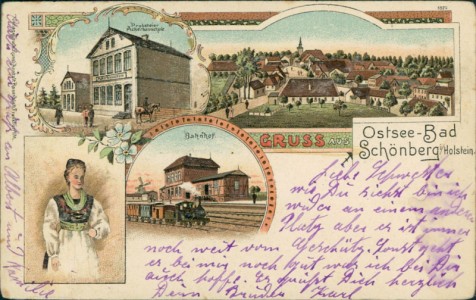 Alte Ansichtskarte Schönberg (Holstein), Probsteier Ackerbauschule, Gesamtansicht, Bahnhof