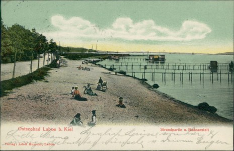 Alte Ansichtskarte Laboe (Probstei), Strandpartie u. Badeanstalt