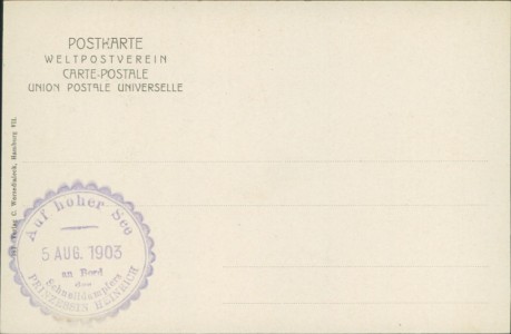 Adressseite der Ansichtskarte Helgoland, Totalansicht, rückseitig Stempel "Auf hoher See. An Bord des Schnelldampfers Prinzessin Heinrich"