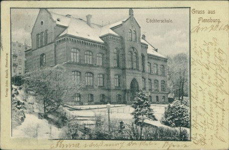 Alte Ansichtskarte Flensburg, Töchterschule im Schnee