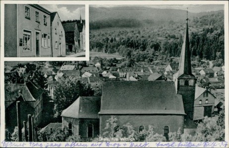 Alte Ansichtskarte Dreis (Wittlich-Land), Urban Denis, Lebensmittel, Kirche