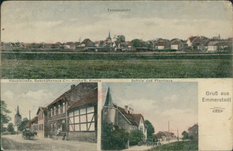 Alte Ansichtskarte Emmerstedt (Helmstedt), Totalansicht, Hauptstraße, Geschäftshaus Chr. Hoche u. Kirche, Schule und Pfarrhaus