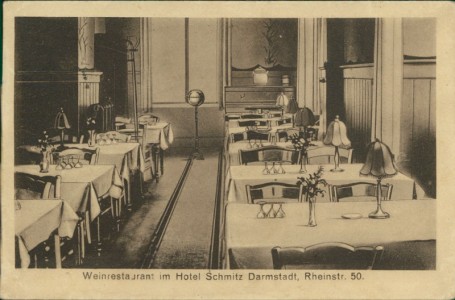 Alte Ansichtskarte Darmstadt, Weinrestaurant im Hotel Schmitz, Rheinstr. 50