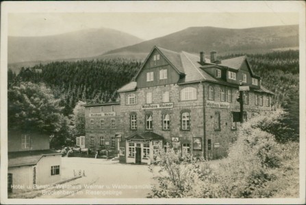 Alte Ansichtskarte Brückenberg / Karpacz, Hotel u. Pension Waldhaus Weimar u. Waldhausmühle