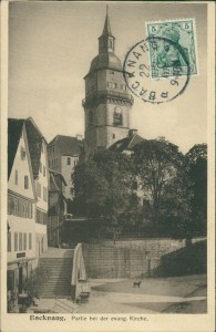 Alte Ansichtskarte Backnang, Partie bei der evang. Kirche (beschnitten, riesengroßer Knick unten links)