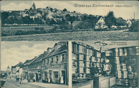 Alte Ansichtskarte Eschenbach i.d.OPf., Gesamtansicht, Strassenpartie, Verkaufsladen von X. Kummert