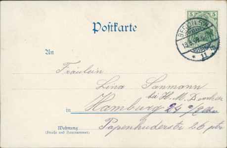 Adressseite der Ansichtskarte Gruss aus Tempelhof, Amtsgebäude, Garde-Train-Kaserne, Krieger-Denkmal, Dorfkirche