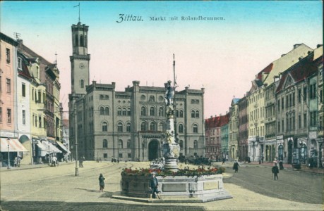 Alte Ansichtskarte Zittau, Markt mit Rolandbrunnen