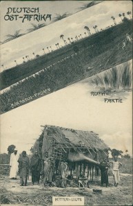 Alte Ansichtskarte Deutsch-Ostafrika, Borassus-Palmen, Rufyi-Partie, Hütten u. Leute