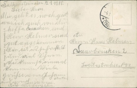 Adressseite der Ansichtskarte Falkenstein i. Taunus, Straßenpartie mit Postamt
