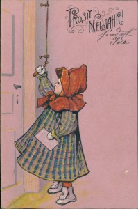 Alte Ansichtskarte Prosit Neujahr, Mädchen läutet an Haustür