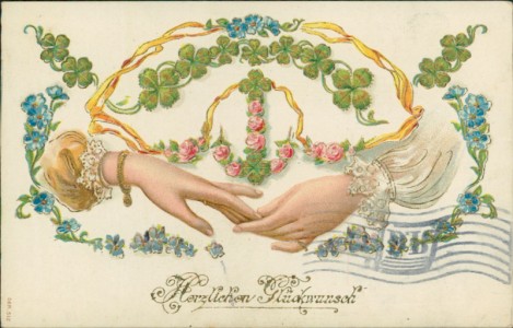 Alte Ansichtskarte Herzlichen Glückwunsch, Hände vor Anker aus Blumen, Blumendekor aus Klee, Rosen und Vergmissmeinnicht (Flaggenstempel Hamburg)