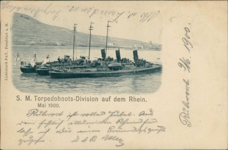 Alte Ansichtskarte S. M. Torpedoboots-Division auf dem Rhein, Mai 1900