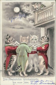 Alte Ansichtskarte Die herzlichsten Glückwünsche zum neuen Jahre, Katzenkonzert (PAPIERABSCHÜRFUNGEN RECHTS)
