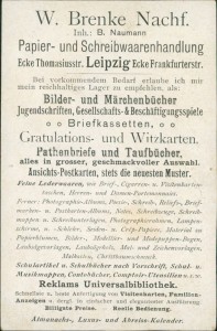 Adressseite der Ansichtskarte Spielende Katzen, Reklamekarte von W. Brenke Nachf., Leipzig (ca. 13,5 x 8,8 cm)