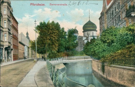 Alte Ansichtskarte Pforzheim, Zerrenerstraße mit Synagoge (STECKNADELLÖCHER / PINHOLES)