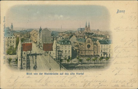 Alte Ansichtskarte Bonn, Blick von der Rheinbrücke auf das alte Viertel, Synagoge