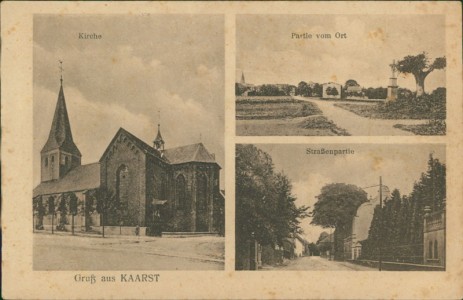 Alte Ansichtskarte Kaarst, Kirche, Partie im Ort, Straßenpartie
