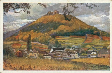 Alte Ansichtskarte Hambacher Schloß und Unterhambach in Herbststimmung, Pfälzer Heimatbilder, herausgegeben vom Pfälzerwald-Verein V.-A.
