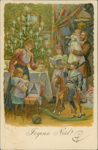 Alte Ansichtskarte Joyeux Noël / Frohe Weihnachten, Familie vor Tannenbaum, Mädchen mit Puppe, Knabe auf Schaukelpferd