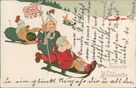 Alte Ansichtskarte Fröhliche Weihnachten, Kinder beim Rodeln, ähnlich Gertrud Caspari