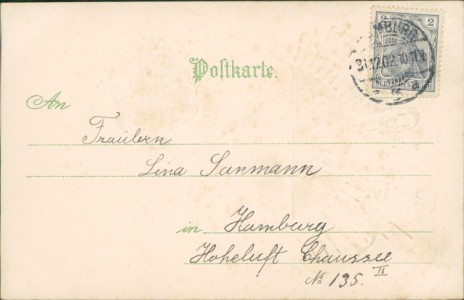 Adressseite der Ansichtskarte Prosit Neujahr, Jahreszahl 1903, Jugendstil-Dekor, Weintrauben