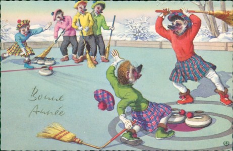 Alte Ansichtskarte Bonne Année / Frohes neues Jahr, Igel beim Stockschießen