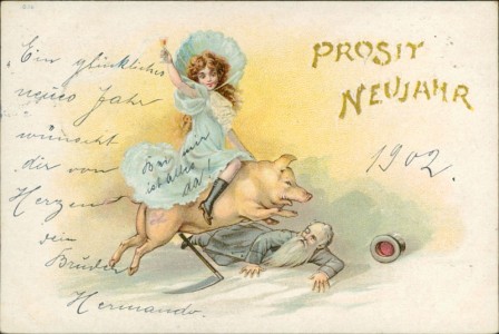 Alte Ansichtskarte Prosit Neujahr, Mädchen reitet auf Schwein, Zwerg mit Sense