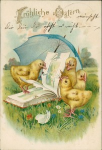 Alte Ansichtskarte Fröhliche Ostern, Küken blättern in Bilderbuch (STECKNADELLOCH)