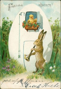 Alte Ansichtskarte Fröhliche Ostern, Osterhase spielt Klarinette