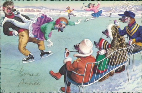 Alte Ansichtskarte Bonne Année / Frohes neues Jahr, Igel beim Eislaufen