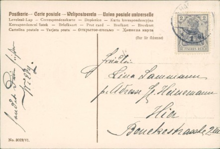 Adressseite der Ansichtskarte Fröhliches Neujahr, Jahreszahl 1906, Veilchen, Jugendstil-Dekor