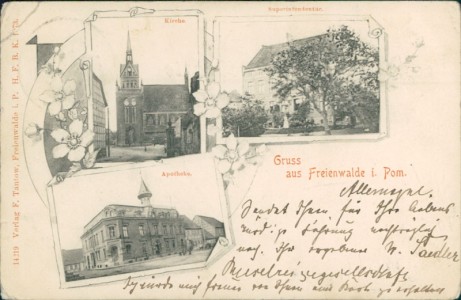 Alte Ansichtskarte Freienwalde / Chociwel, Kirche, Superintendantur, Apotheke