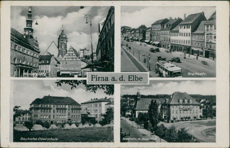 Alte Ansichtskarte Pirna, Marktplatz, Breitestr., Deutsche Oberschule, Weststr. m. Hospital