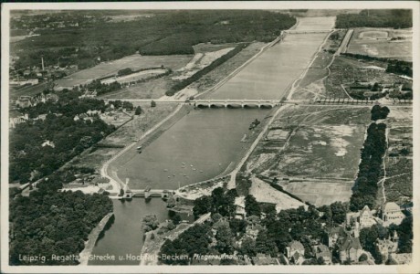 Alte Ansichtskarte Leipzig, Regatta-Strecke u. Hochflur-Becken, Fliegeraufnahme