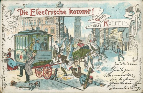 Alte Ansichtskarte Krefeld, Die Elektrische kommt! Straßenbahn Krefeld-Düsseldorf
