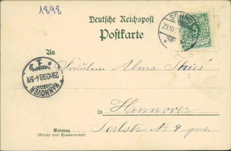 Adressseite der Ansichtskarte Sehnde-Rethmar, Totalansicht, Kirche, Gastwirtschaft von Otto Bendix mit Straßenbahn, Schloss, Pfarrhaus