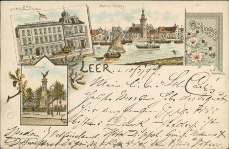 Alte Ansichtskarte Leer (Ostfriesland), Hotel zum Prinzen von Oranien, Hafen mit Rathaus, Kriegerdenkmal